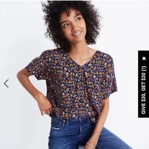 Madewell Women Navy Cap Sleeve Crop Rhyme Top in Garden Party Blouse Size M